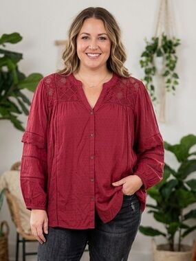 Knox Rose NWT Red Swiss Dot Lace Inset Boho Blouse 3X Plus Size Button Front